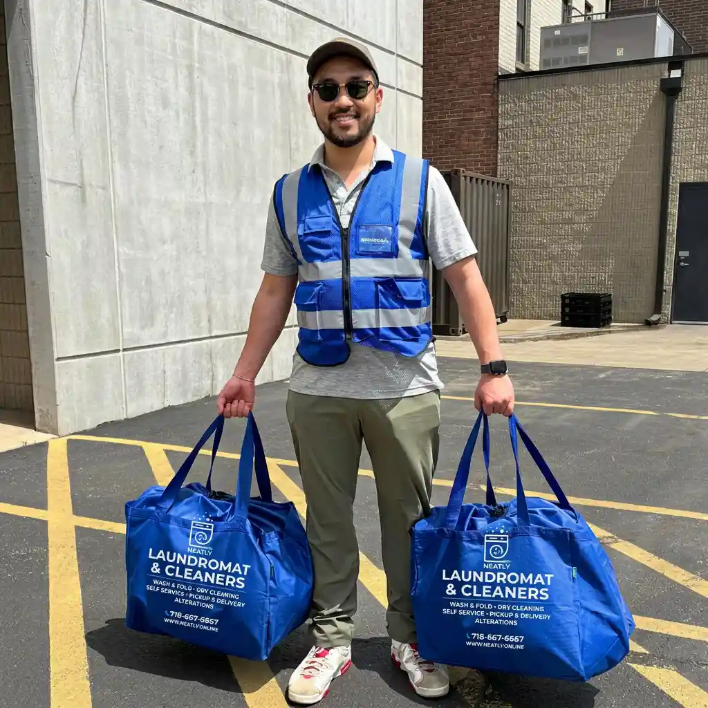 Neatly driver Moe holding laundry bags in Brooklyn