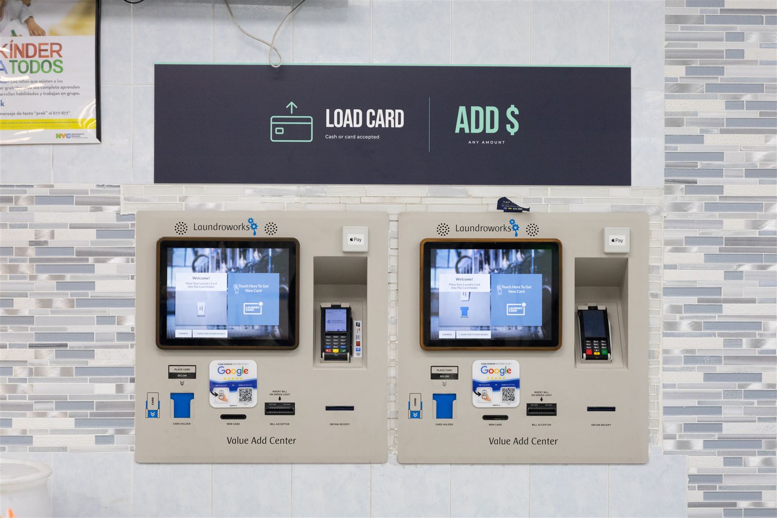 LaundroWorks card kiosks where customers load laundry cards with cash or credit card at Neatly