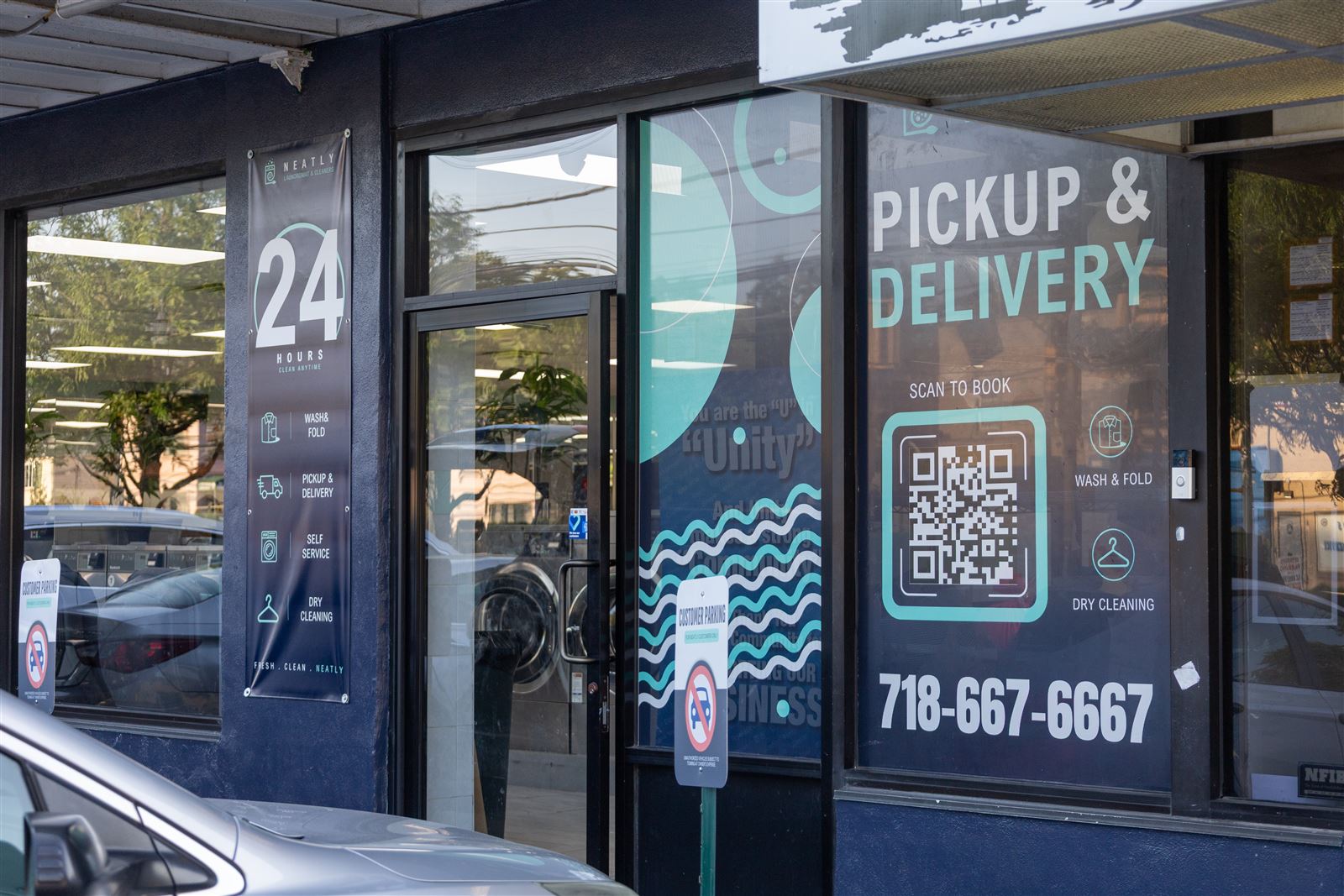 Neatly laundry pickup and delivery storefront with scan to book QR code, open 24 hours